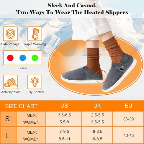 شباشب تسخين كهربائية للنساء والرجال مع بطارية 5000 مللي أمبير في الساعة للجنسين لتدفئة القدمين، أحذية دافئة مع نعل مطاطي مضاد للانزلاق للشتاء البارد، رمادي - L in Kuwait