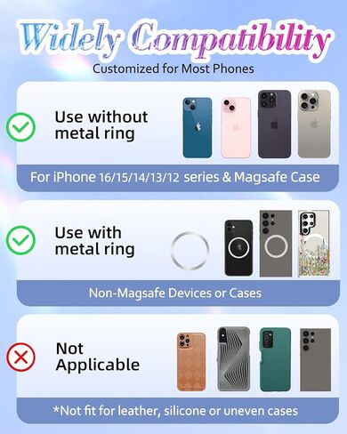 Phone Ring Holder Compatible with MagSafe - Magnetic Cell Phone Grip for Women Cute Magnet Removable Finger Ring Grip Stand Glitter Sparkle for iPhone 16 15 14 13 Pro Max Plus, Rainbow in Saudi Arabia