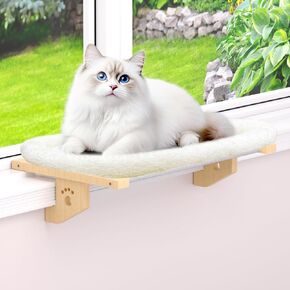 Cat Window Perch with Cushion Bed Cover, Sturdy Metal & Wood Frame, Adjustable & Easy-to-Install Cat Window Seat for Indoor Cats, No Drilling Required, Comfortable and Spacious Design
