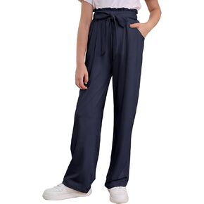 Vieille Girls Wide Leg Pants with Bow Belt High Waisted All-Match Casual Trousers with Pockets 7-14 Years