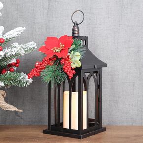 DECORKEY Christmas Decorations For Home, Decorative Christmas Lantern Indoor Outdoor Decor, Metal Hanging Candle Holder with Xmas Teardrop Wreath & LED Candle for Table Centerpieces, Patio, Porch(Red)