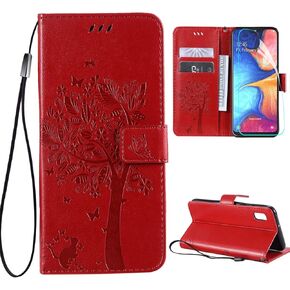 for Samsung Galaxy A10e Wallet Case Screen Protector,Galaxy A10e PU Leather Protective Case Emboss Love Tree Cat Folio Magnetic Card Holder Kickstand Flip Case for Samsung Galaxy A10e Light Purple