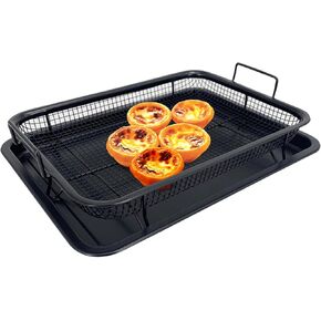 Large Air Fryer Basket with Tray for Oven 11.8" x 8.7" Stainless Steel Air Fryer Basket and Tray Set Nonstick Bakeware Sets Air Fry Crisper Tray with Baking Pan Silver Black
