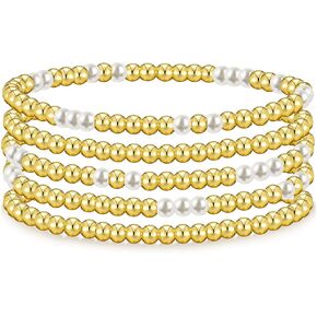 Gold Bracelets for Women Pearl Bracelet Gold Bracelet Stack Beaded Bracelets for Women 14K Gold Plated Stretch Bead Ball Bracelet Sets Jewelry for Christmas Birthday Gifts