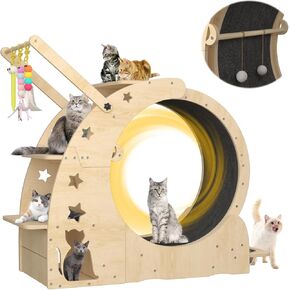 Cat Wheel for Indoor Cats, Cat Exercise Running Wheel with Cat Teaser/Cat House/Cat Bowls and Cat Trees, Cat Treadmill Wheel with Gripping Pads, TPE Silent and Noiseless Rollers Cat Smooth Run Freely