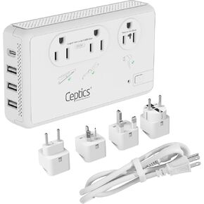 Ceptics Voltage Converter for Travel, 220V to 110V Converter w/Type C, E/F, G, I Plugs, 2000W Outlet for Hair Dryers, 4 USB w/ 1 USB-C PD 18W Fast Charge, for Curling Iron, Straightener, Chargers