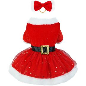 Christmas Dog Dress, Pet Christmas Costume Puppy Tulle Dress, Dog Clothes for Small Medium Dogs Cats Girl, Red Velvet Dog Skirt Santa Claus Outfit Xmas Clothing Winter Coat Cute Apparel (Medium)