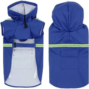 Dog Raincoat with Hood Waterproof Poncho Rain Jacket Dog with Back Pocket Adjustable Drawstring Reflective Strip (Blue, Large)