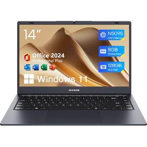 كمبيوتر محمول جديد 2025، ذاكرة وصول عشوائي سعتها 8 جيجابايت، محرك أقراص SSD سعة 128 جيجابايت، كمبيوتر محمول معالج N5095 رباعي النواة، أجهزة كمبيوتر محمولة بشاشة عالية الدقة مقاس 14 بوصة، يدعم WiFi 5، بلوتوث 5.0، USB 3.0، كاميرا ويب، مكتب Pro Plus 2024 الم