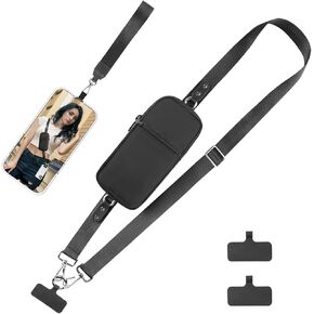 Phone Lanyard Crossbody Wrist Strap, Adjustable Phone Strap Crossbody with Detachable Wallet, Clip and Go Strap for Phone with Wallet Crossbody Compatible with All Smartphones (L) Black