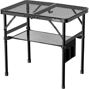 Portable Folding Grill Table with 2 Wing Panels, Camping Picnic Table Two Heights Available, Outdoor Grill Table with Heighten Mesh Desktop, Outdoor Table Picnic, Camping, Beach, BBQ, RV