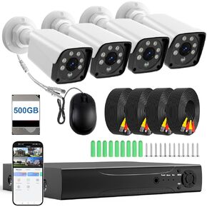 H.265+ Wired Security Camera DVR Kit System with AI Human Vehicle Detection, 4X 1920P 5MP IP67 Metallic Indoor/Outdoor Cameras IR Night Vision, 4K NVR 500GB HDD Included for 24/7 Recording