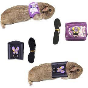 2 Pack Guinea Pig Harness and Leash, Adjustable Anti-Escape Vest for Guinea Pigs, Rats, Ferrets, Chinchillas,Lizards, Squirrels, Comfortable Harnesses for Outdoor Walking(Purple*Black,S)