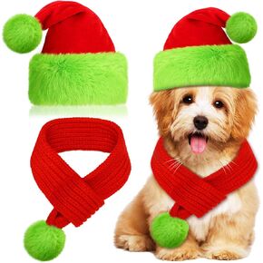 Christmas Dog Cat Santa Hat with Scarf Lime Green Furry Pet Christmas Outfit Costume Green Adjustable Dog Xmas Hat Dog Knit Red Scarf for Xmas Puppy Cosplay Party(Medium)