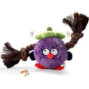 Mangosteen Plush Dog Toys for Puppy, Purple Squeaky Dog Chew Toys The Green hat on The Head Contains a Sound Paper， Fruit Theme Tug of War Dog Toy with Rope Knots for Small and Medium Dogs