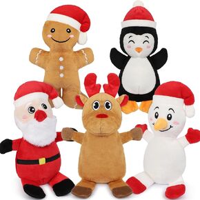 5 Pack Christmas Squeaky Dog Toys, Pet Stuffed Plush Toys for Dog Puppy, Durable Chew Bite Toys for Small Medium Large Dogs, Interactive Xmas Reindeer, Penguin, Snowman for Aggressive Chewers