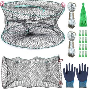 ASIR Crab Trap Three Entrances Large Fish Traps Seawater and Freshwater Portable Collapsible for Minnow Crabs Bait Lobster Blue Crabs Crawfish Shrimp Fishing Net with Protective Gloves Set