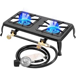 Vivicreate double burner cast iron flame camping stove, include CSA listed regulator and gas hose (HT-C-0012)