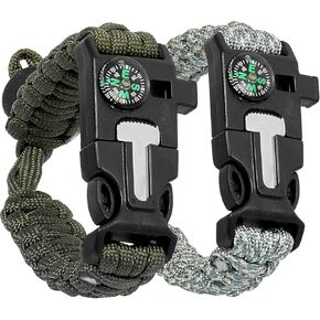 ACOWAY Paracord Bracelets Set of 2 - Handcrafted Survival Bracelets for Men - Stylish Accessories with Tactical Features - Versatile ‎Adventure Enthusiasts Tool - 9.84x1.96x0.39 in, Silver & Green