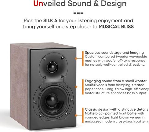 NEUMI Silk 4 Compact 2-Way Bookshelf Speakers, Stereo Pair, Home, Office, Theater Surround Sound, 4 Inch Woofer, 1 Inch Silk Dome Tweeter w/Waveguide, Rear Ported, Light Brown and Black (Renewed) in Saudi Arabia