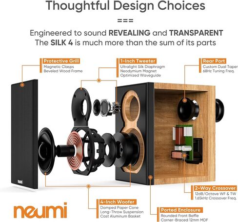 NEUMI Silk 4 Compact 2-Way Bookshelf Speakers, Stereo Pair, Home, Office, Theater Surround Sound, 4 Inch Woofer, 1 Inch Silk Dome Tweeter w/Waveguide, Rear Ported, Light Brown and Black (Renewed) in Saudi Arabia