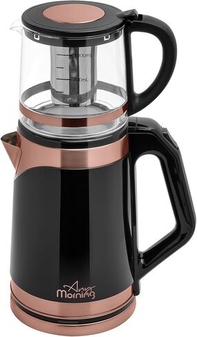 Any Morning Turkish Electric Tea Maker with Auto Shut Off and Boil Dry Protection, Cordless Kettle with Teapot Set and Detachable Filter, 360 Swivel Base, 2 L, 68 oz, 1500W, Black & Copper, DE23203SX in Kuwait