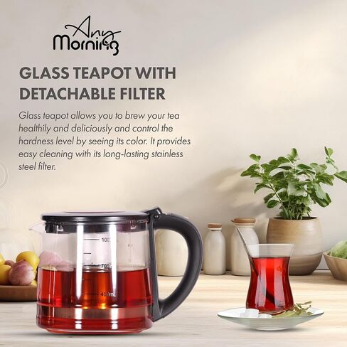 Any Morning Turkish Electric Tea Maker with Auto Shut Off and Boil Dry Protection, Cordless Kettle with Teapot Set and Detachable Filter, 360 Swivel Base, 2 L, 68 oz, 1500W, Black & Copper, DE23203SX in Kuwait