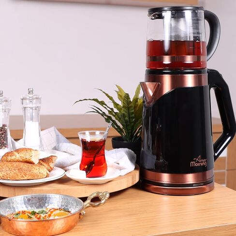Any Morning Turkish Electric Tea Maker with Auto Shut Off and Boil Dry Protection, Cordless Kettle with Teapot Set and Detachable Filter, 360 Swivel Base, 2 L, 68 oz, 1500W, Black & Copper, DE23203SX in Kuwait