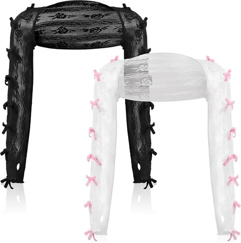 Coume 2 Pcs Women's Mesh Lace Shrug Y2k Aesthetic Arm Sleeves Lace Bolero Shrug Cardigan with Black and Pink Bow Lace Top Shawl for Women Y2k Accessories in Saudi Arabia