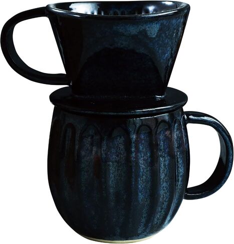 Asayu Japan Ceramic Coffee Pour Over Maker Set in Dark Navy Blue, Slow Brewing Paper Filter Holder and Dripper with 3 Holes for Coffee and Tea - Complete 2PCS Set in Kuwait