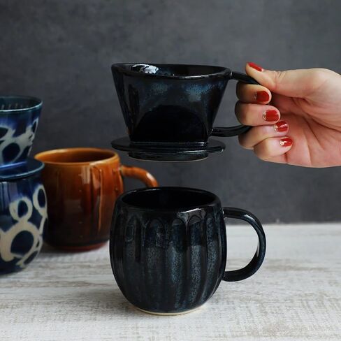 Asayu Japan Ceramic Coffee Pour Over Maker Set in Dark Navy Blue, Slow Brewing Paper Filter Holder and Dripper with 3 Holes for Coffee and Tea - Complete 2PCS Set in Kuwait