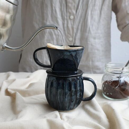 Asayu Japan Ceramic Coffee Pour Over Maker Set in Dark Navy Blue, Slow Brewing Paper Filter Holder and Dripper with 3 Holes for Coffee and Tea - Complete 2PCS Set in Kuwait