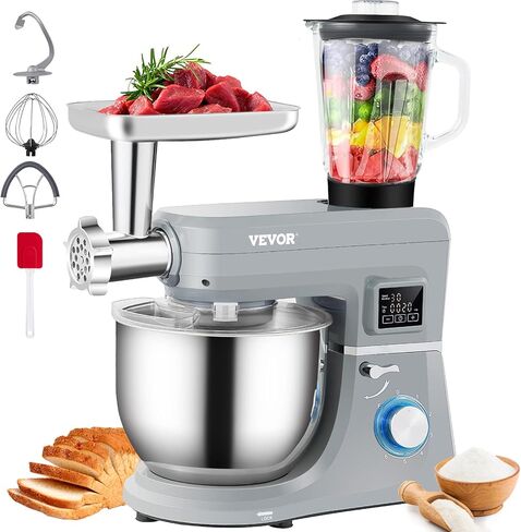 VEVOR Stand Mixer, 660W Electric Dough Mixer with 6 Speeds LCD Screen Timing, Tilt-Head Food Mixer with 5.8 Qt Stainless Steel Bowl, Dough Hook, Flat Beater, Whisk, Scraper, Splash-Proof Cover - Gray in Saudi Arabia