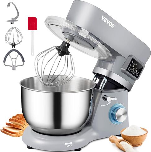 VEVOR Stand Mixer, 660W Electric Dough Mixer with 6 Speeds LCD Screen Timing, Tilt-Head Food Mixer with 5.8 Qt Stainless Steel Bowl, Dough Hook, Flat Beater, Whisk, Scraper, Splash-Proof Cover - Gray in Saudi Arabia