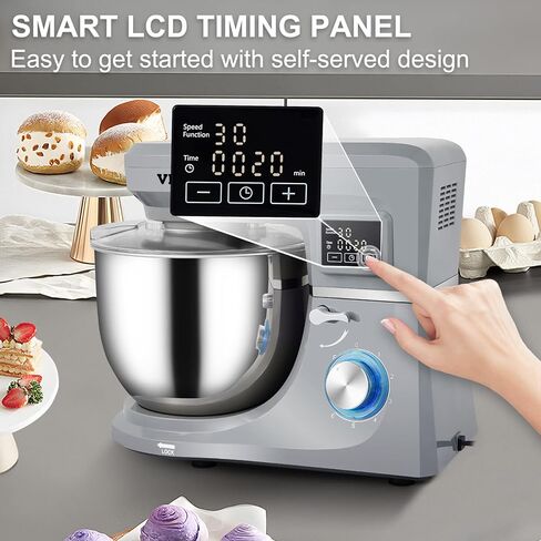 VEVOR Stand Mixer, 660W Electric Dough Mixer with 6 Speeds LCD Screen Timing, Tilt-Head Food Mixer with 5.8 Qt Stainless Steel Bowl, Dough Hook, Flat Beater, Whisk, Scraper, Splash-Proof Cover - Gray in Saudi Arabia