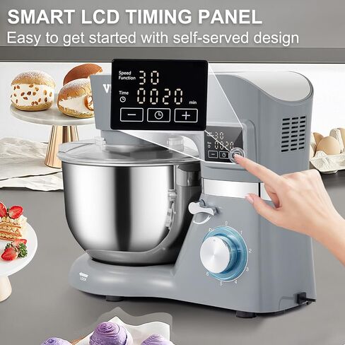 VEVOR Stand Mixer, 660W Electric Dough Mixer with 6 Speeds LCD Screen Timing, Tilt-Head Food Mixer with 5.8 Qt Stainless Steel Bowl, Dough Hook, Flat Beater, Whisk, Scraper, Splash-Proof Cover - Gray in Saudi Arabia
