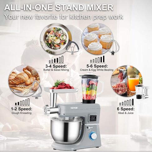 VEVOR Stand Mixer, 660W Electric Dough Mixer with 6 Speeds LCD Screen Timing, Tilt-Head Food Mixer with 5.8 Qt Stainless Steel Bowl, Dough Hook, Flat Beater, Whisk, Scraper, Splash-Proof Cover - Gray in Saudi Arabia