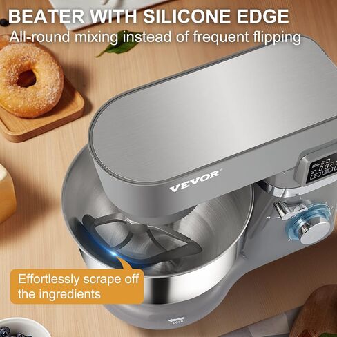VEVOR Stand Mixer, 660W Electric Dough Mixer with 6 Speeds LCD Screen Timing, Tilt-Head Food Mixer with 5.8 Qt Stainless Steel Bowl, Dough Hook, Flat Beater, Whisk, Scraper, Splash-Proof Cover - Gray in Saudi Arabia