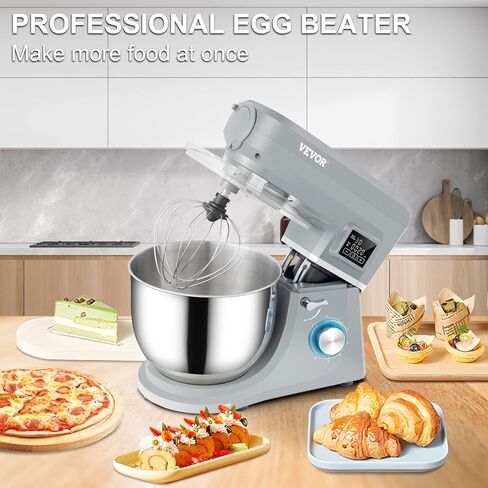 VEVOR Stand Mixer, 660W Electric Dough Mixer with 6 Speeds LCD Screen Timing, Tilt-Head Food Mixer with 5.8 Qt Stainless Steel Bowl, Dough Hook, Flat Beater, Whisk, Scraper, Splash-Proof Cover - Gray in Saudi Arabia
