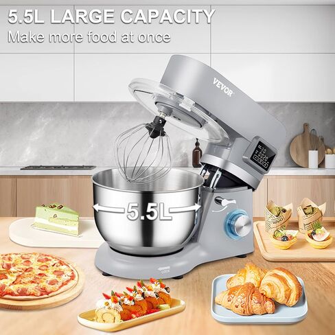 VEVOR Stand Mixer, 660W Electric Dough Mixer with 6 Speeds LCD Screen Timing, Tilt-Head Food Mixer with 5.8 Qt Stainless Steel Bowl, Dough Hook, Flat Beater, Whisk, Scraper, Splash-Proof Cover - Gray in Saudi Arabia