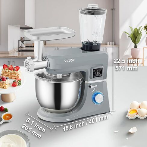 VEVOR Stand Mixer, 660W Electric Dough Mixer with 6 Speeds LCD Screen Timing, Tilt-Head Food Mixer with 5.8 Qt Stainless Steel Bowl, Dough Hook, Flat Beater, Whisk, Scraper, Splash-Proof Cover - Gray in Saudi Arabia