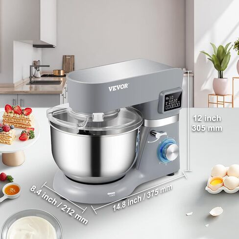 VEVOR Stand Mixer, 660W Electric Dough Mixer with 6 Speeds LCD Screen Timing, Tilt-Head Food Mixer with 5.8 Qt Stainless Steel Bowl, Dough Hook, Flat Beater, Whisk, Scraper, Splash-Proof Cover - Gray in Saudi Arabia