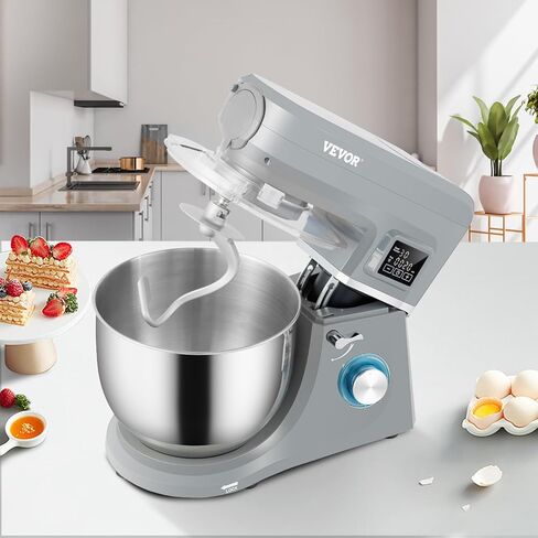 VEVOR Stand Mixer, 660W Electric Dough Mixer with 6 Speeds LCD Screen Timing, Tilt-Head Food Mixer with 5.8 Qt Stainless Steel Bowl, Dough Hook, Flat Beater, Whisk, Scraper, Splash-Proof Cover - Gray in Saudi Arabia