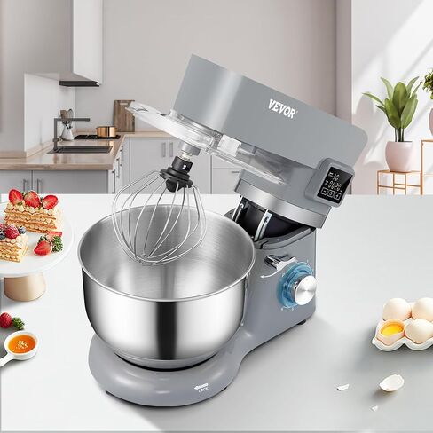 VEVOR Stand Mixer, 660W Electric Dough Mixer with 6 Speeds LCD Screen Timing, Tilt-Head Food Mixer with 5.8 Qt Stainless Steel Bowl, Dough Hook, Flat Beater, Whisk, Scraper, Splash-Proof Cover - Gray in Saudi Arabia