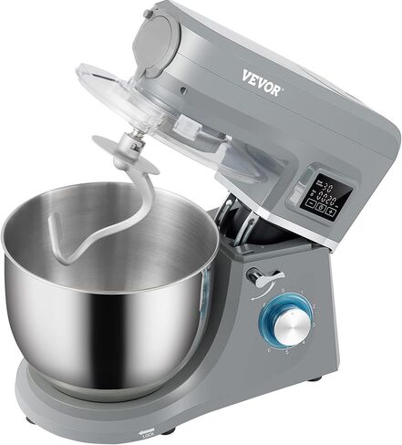 VEVOR Stand Mixer, 660W Electric Dough Mixer with 6 Speeds LCD Screen Timing, Tilt-Head Food Mixer with 5.8 Qt Stainless Steel Bowl, Dough Hook, Flat Beater, Whisk, Scraper, Splash-Proof Cover - Gray in Saudi Arabia