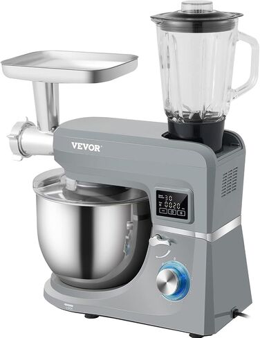 VEVOR Stand Mixer, 660W Electric Dough Mixer with 6 Speeds LCD Screen Timing, Tilt-Head Food Mixer with 5.8 Qt Stainless Steel Bowl, Dough Hook, Flat Beater, Whisk, Scraper, Splash-Proof Cover - Gray in Saudi Arabia