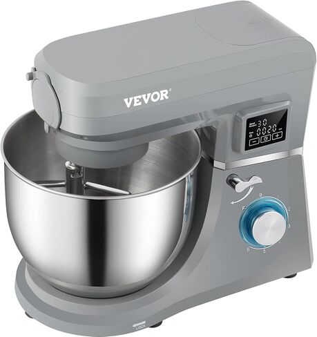 VEVOR Stand Mixer, 660W Electric Dough Mixer with 6 Speeds LCD Screen Timing, Tilt-Head Food Mixer with 5.8 Qt Stainless Steel Bowl, Dough Hook, Flat Beater, Whisk, Scraper, Splash-Proof Cover - Gray in Saudi Arabia