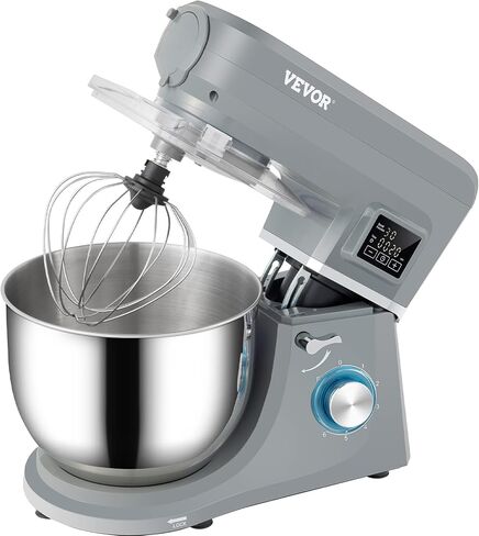 VEVOR Stand Mixer, 660W Electric Dough Mixer with 6 Speeds LCD Screen Timing, Tilt-Head Food Mixer with 5.8 Qt Stainless Steel Bowl, Dough Hook, Flat Beater, Whisk, Scraper, Splash-Proof Cover - Gray in Saudi Arabia