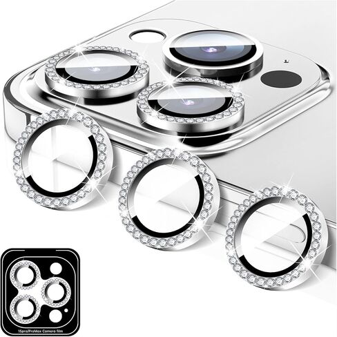 LucBuy Diamond Camera Lens Protector for iPhone 16 Pro/iPhone 16 Pro Max, Sparkling Camera Lens Cover Film Stickers, Tempered Glass Screen Cover, Individual Auto-Align Metal Rings Phone Decorations in Kuwait