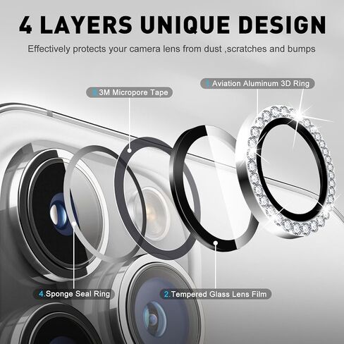 LucBuy Diamond Camera Lens Protector for iPhone 16 Pro/iPhone 16 Pro Max, Sparkling Camera Lens Cover Film Stickers, Tempered Glass Screen Cover, Individual Auto-Align Metal Rings Phone Decorations in Kuwait